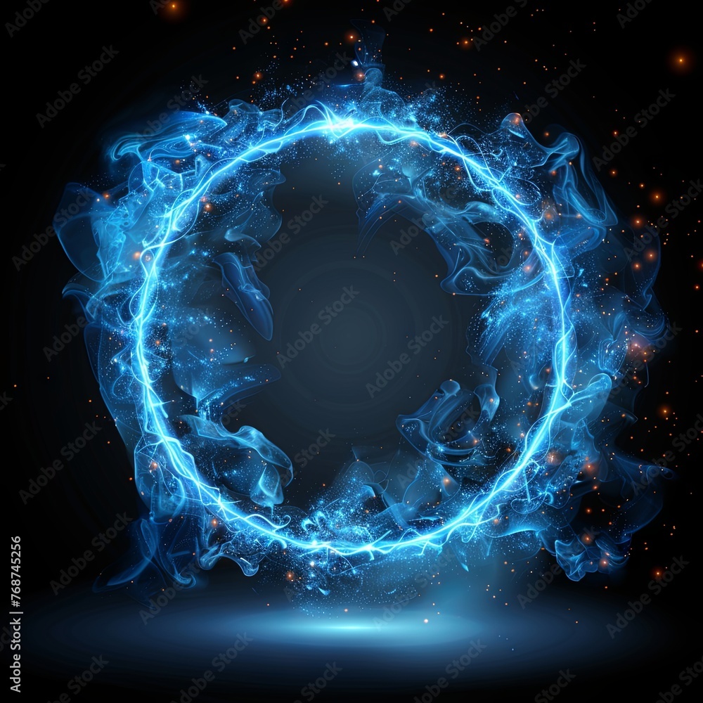 Poster blue glowing light ring frame on a black background illustration in the style of flat design, with d