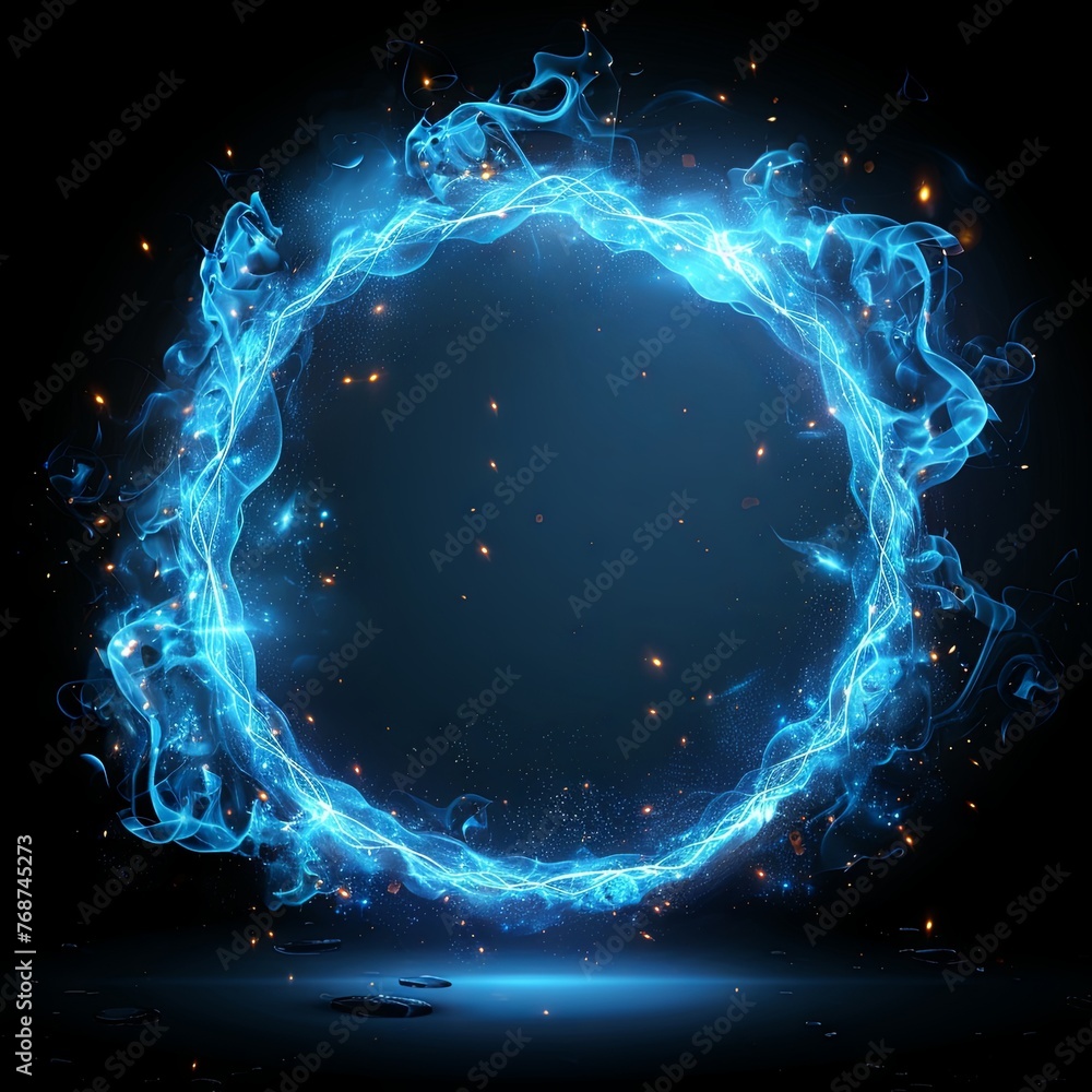 Poster blue glowing light ring frame on a black background illustration in the style of flat design, with d