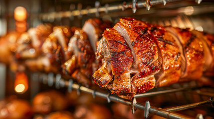 Close-up of a glistening, perfectly roasted pork joint slowly cooking on a rotisserie spit - obrazy, fototapety, plakaty
