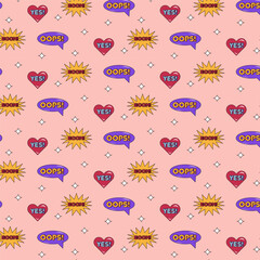 Y2K pattern. Retro seamless pattern with words oops, yes and boom. Vector illustration