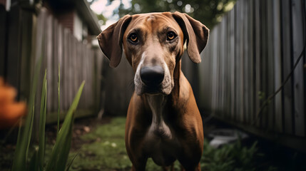 Hound Hybrid, A Curious Jackabee in Residential Backyard. Generated AI