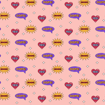 Y2K pattern. Retro seamless pattern with words oops, yes and boom. Vector illustration