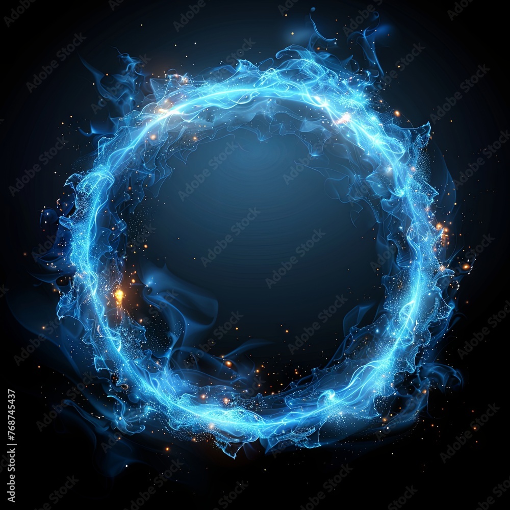 Poster blue glowing light ring frame on a black background illustration in the style of flat design, with d