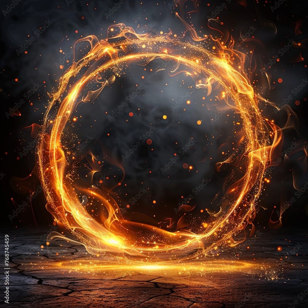 Poster abstract golden circle frame with a light effect on a black background illustration design element, 