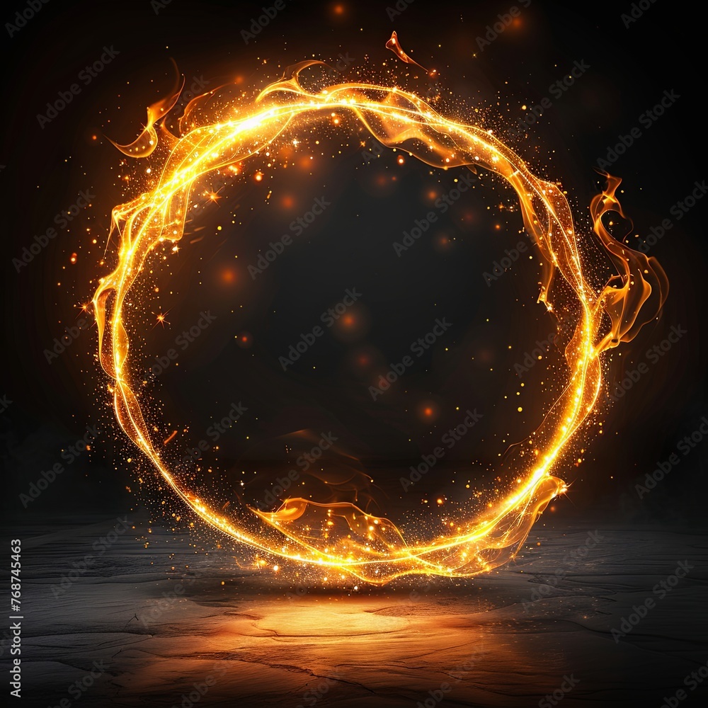 Aufkleber abstract golden circle frame with a light effect on a black background illustration design element, 