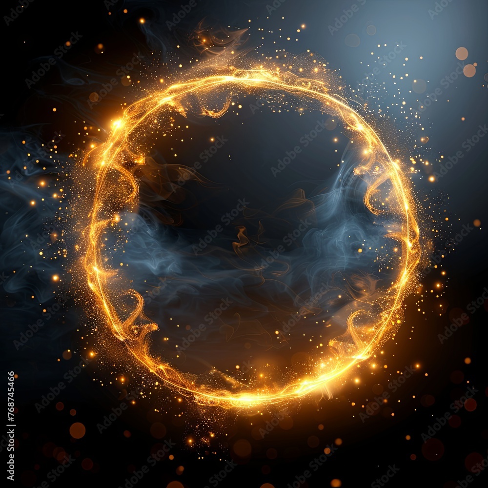 Poster abstract golden circle frame with a light effect on a black background illustration design element, 
