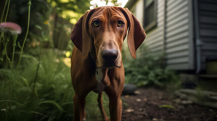 Hound Hybrid, A Curious Jackabee in Residential Backyard. Generated AI