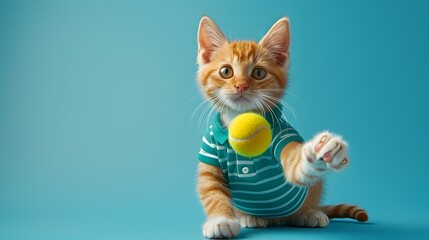 Playful Ginger Feline Athlete Enjoying a Game of Tennis on a Bright Blue Studio Set