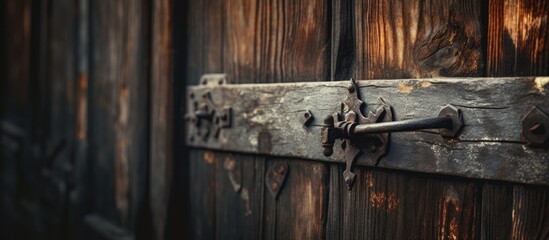 This close-up view showcases a door handle fixed onto a sturdy wooden door, highlighting the intricate details of the metal handle against the textured wood surface.
