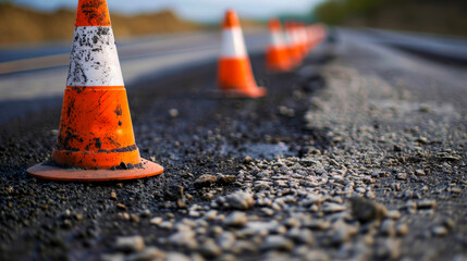 Traffic safety cones align neatly on fresh asphalt, a symbol of caution and roadwork in progress