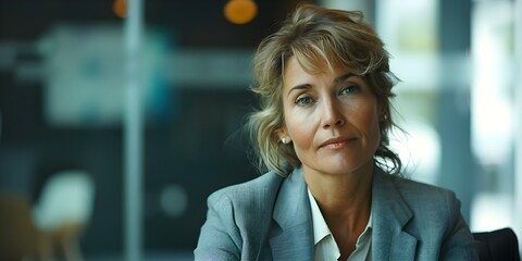 Businesswoman in her forties conducting a job interview in a corporate office meeting. Concept Interview Techniques, Corporate Setting, Professional Communication, Workplace Etiquette, Hiring Process - obrazy, fototapety, plakaty