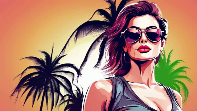 Beautiful young woman. A woman wearing sunglasses and a green shirt is standing in front of a palm tree. The image has a tropical vibe and the woman is enjoying the warm weather. Vector style