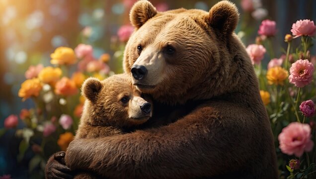 cute mama bear hugging baby bear. Happy mother's day greeting card concept.