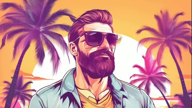Bearded Hipster Man in Shirt and Glasses. Muscular look stylish hairstyle. Sunset and palm trees in the background. Vector illustration style video