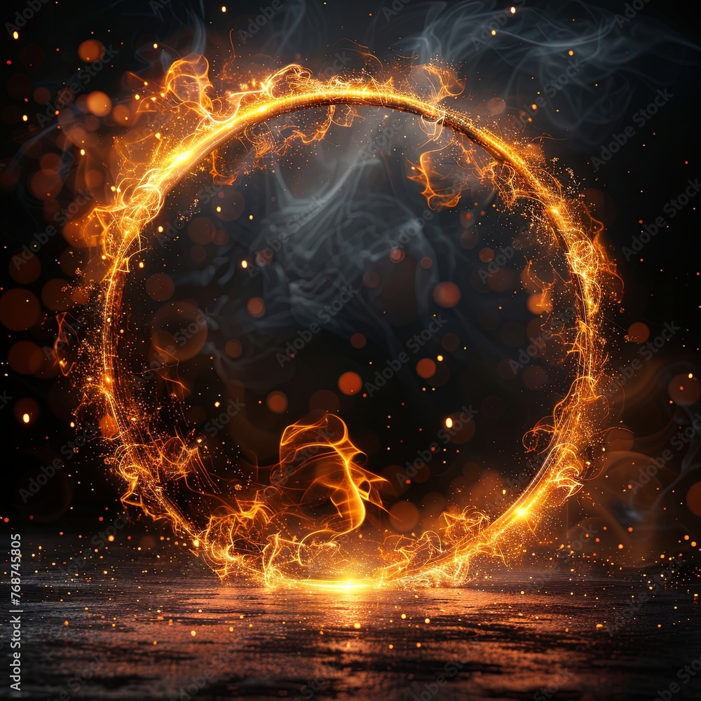 Poster abstract golden circle frame with a light effect on a black background illustration design element, 