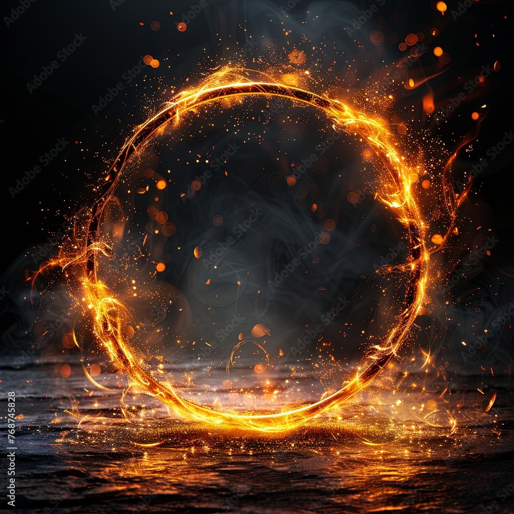 Poster abstract golden circle frame with a light effect on a black background illustration design element, 