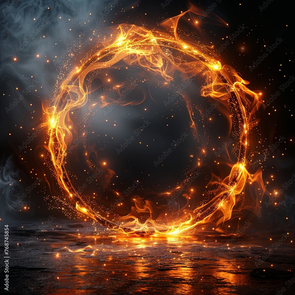 Poster abstract golden circle frame with a light effect on a black background illustration design element, 