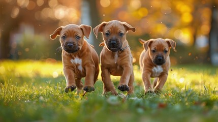 Three Puppies Running Through Grass