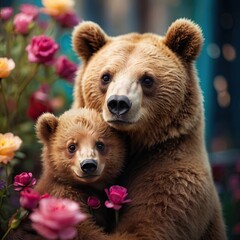 cute mama bear hugging baby bear. Happy mother's day greeting card concept.