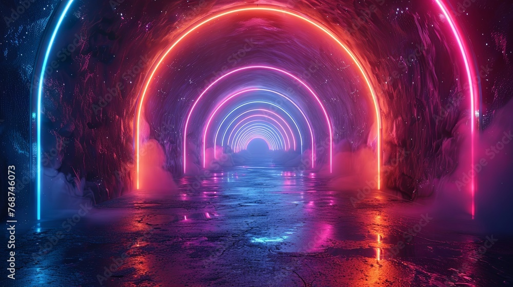 Poster 3d render, abstract neon background with colorful glowing light rings in the tunnel. generative ai