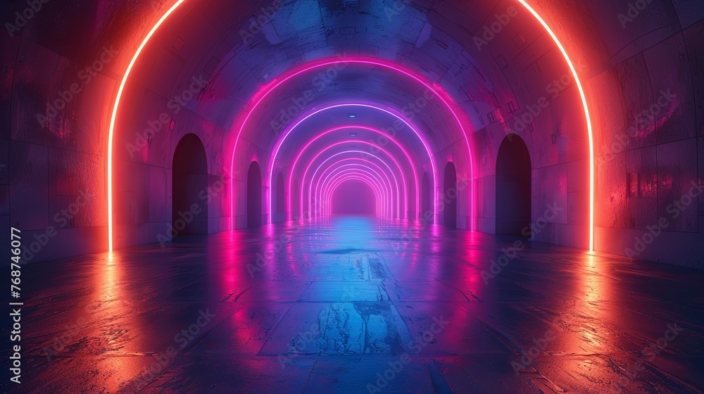 Poster 3d render, abstract neon background with colorful glowing light rings in the tunnel. generative ai