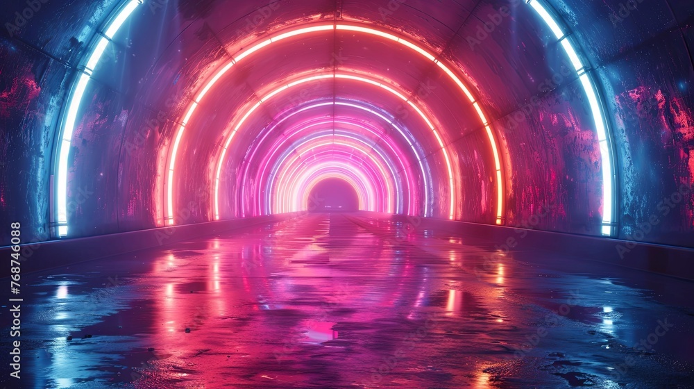Poster 3d render, abstract neon background with colorful glowing light rings in the tunnel. generative ai