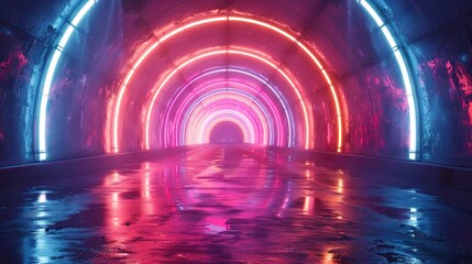 Fototapeta na wymiar 3d render, abstract neon background with colorful glowing light rings in the tunnel. Generative AI