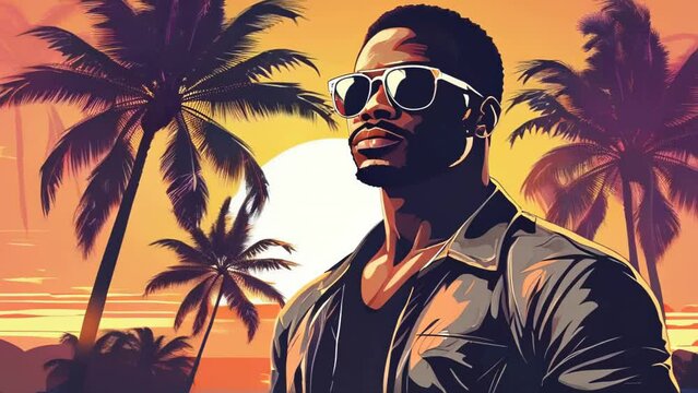 A black man wearing glasses and a jacket against a background of sunset with palm trees. Vector illustration style video