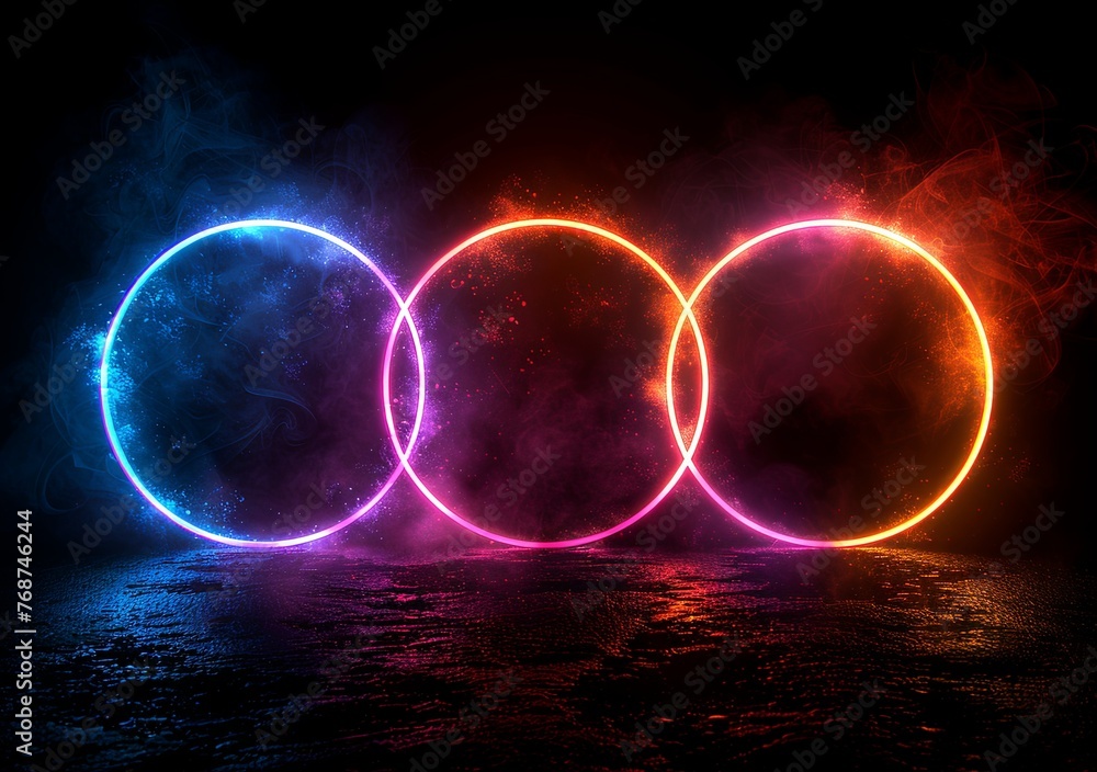 Poster abstract background with glowing neon light rings on a black background illustration. glowing circul