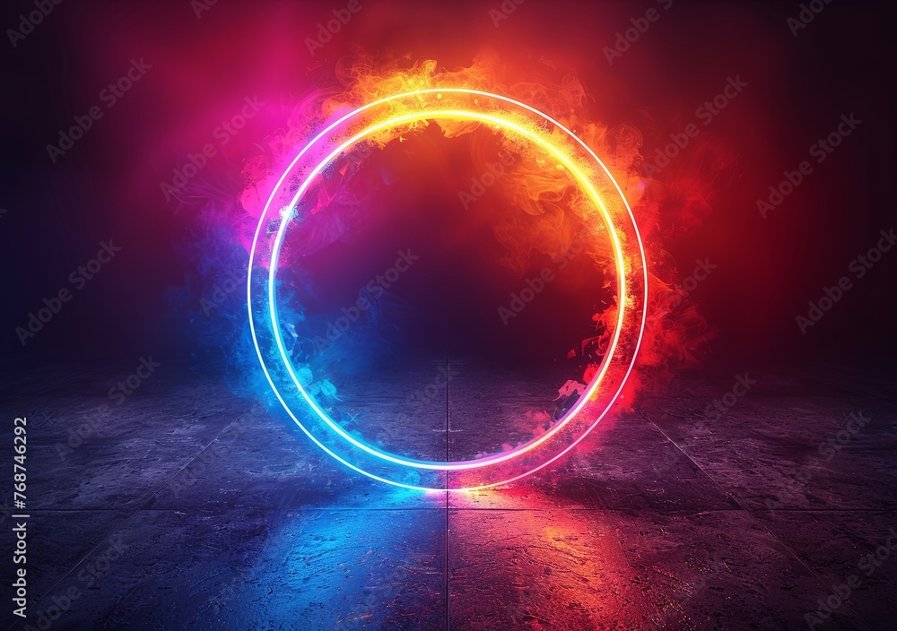 Poster abstract background with glowing neon light rings on a black background illustration. glowing circul