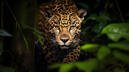 Stealthy Stalker, A Jaguar in Central American Rainforests. Generated AI
