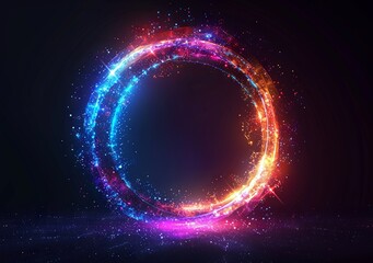 Abstract background with glowing neon light rings on a black background illustration. Glowing circular frame design element for text, logo or title presentation. Generative AI