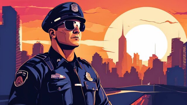 Policeman on city background video stylized as vector illustration
