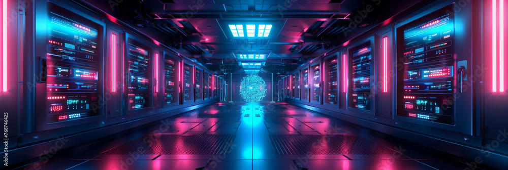 Poster a data center with rows of virtual machines, computer networking server room in office