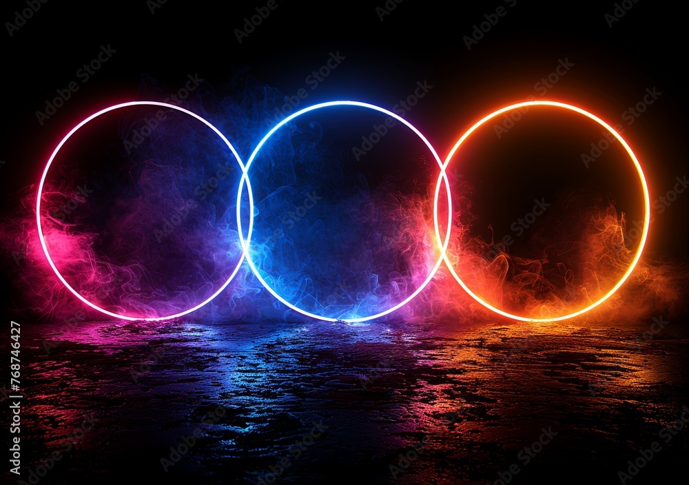 Poster abstract background with glowing neon light rings on a black background illustration. glowing circul