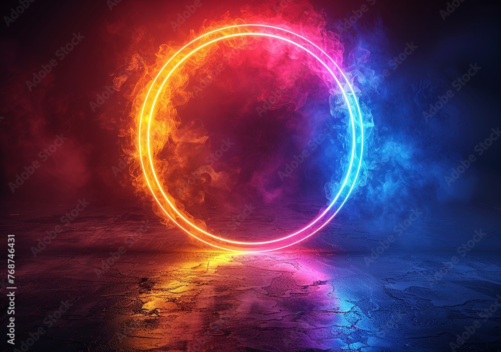 Poster abstract background with glowing neon light rings on a black background illustration. glowing circul