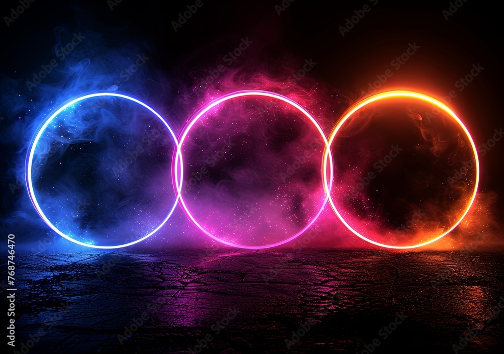 Poster abstract background with glowing neon light rings on a black background illustration. glowing circul
