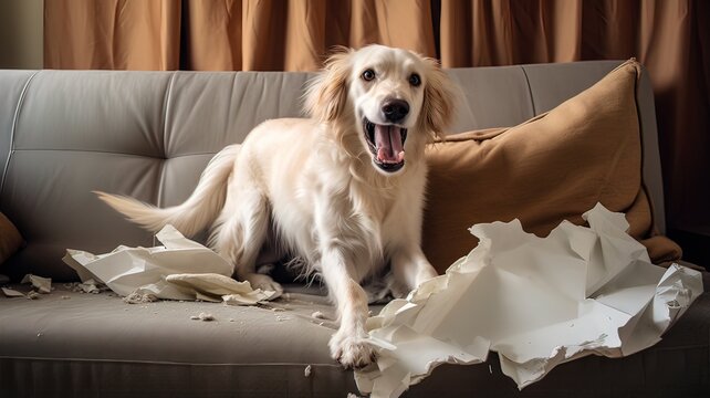 A happy dog getting into mischief breaking things in the house.