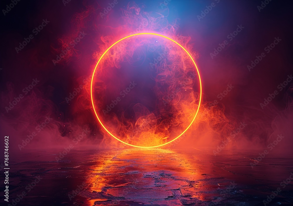 Poster abstract background with glowing neon light rings on a black background illustration. glowing circul