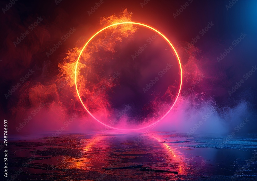 Poster abstract background with glowing neon light rings on a black background illustration. glowing circul
