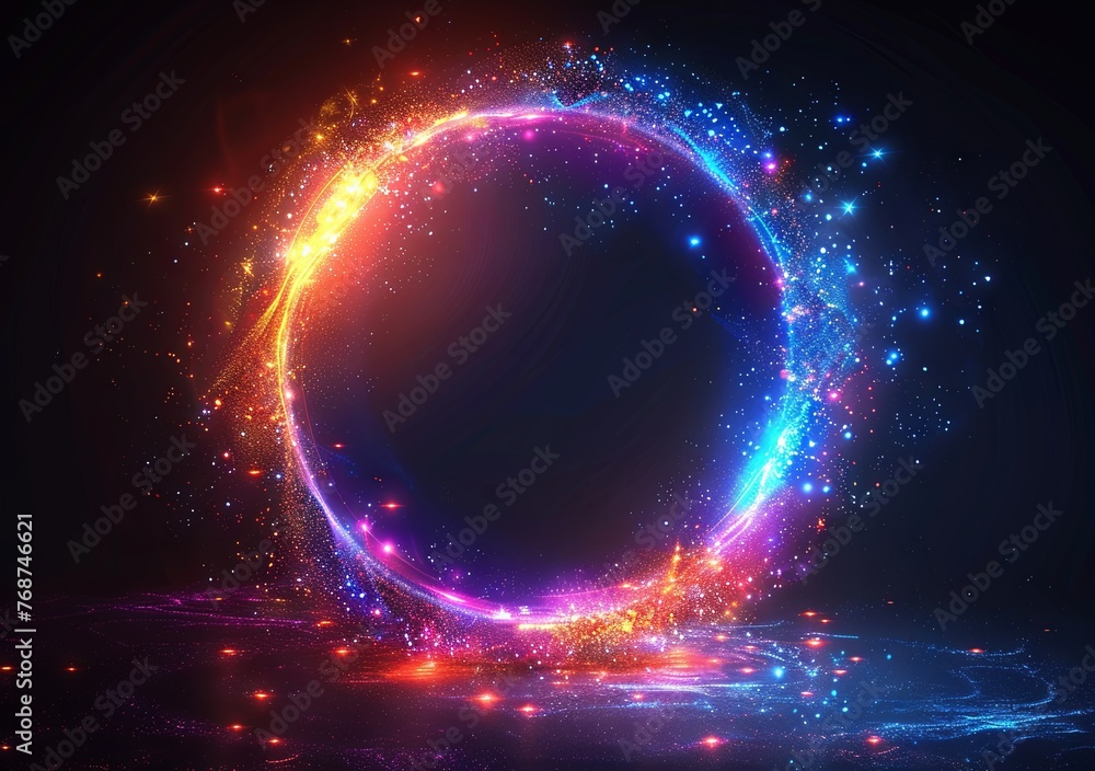 Poster abstract background with glowing neon light rings on a black background illustration. glowing circul