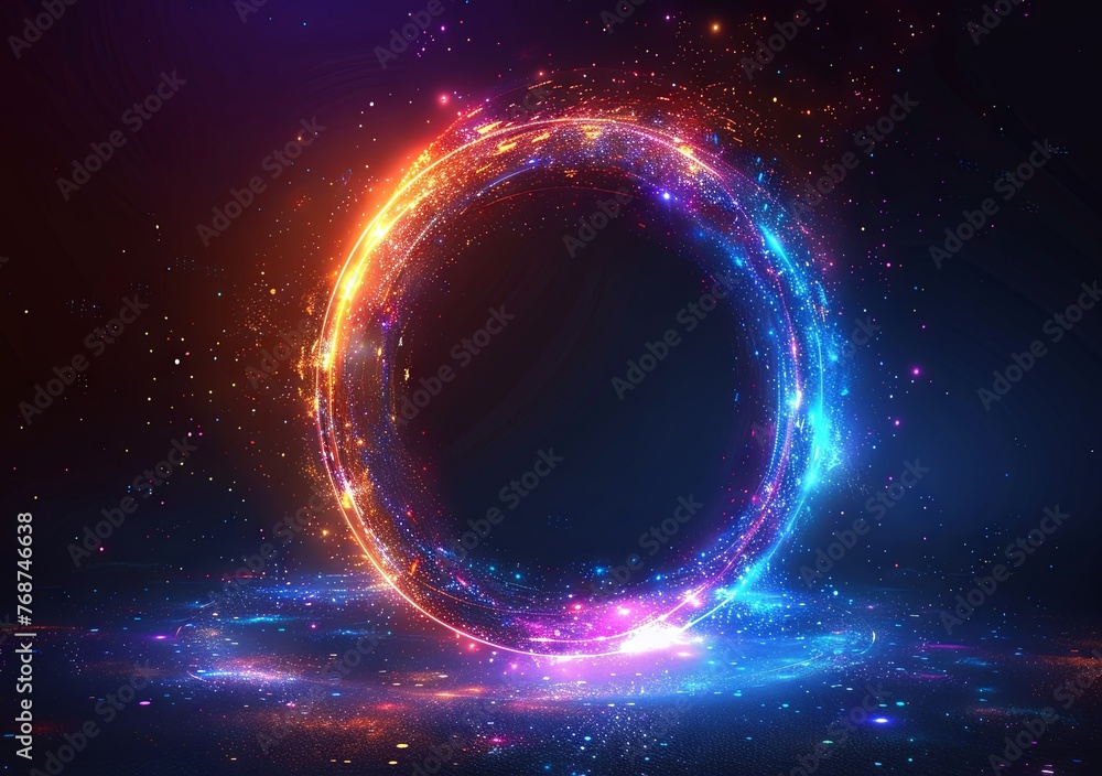 Poster abstract background with glowing neon light rings on a black background illustration. glowing circul