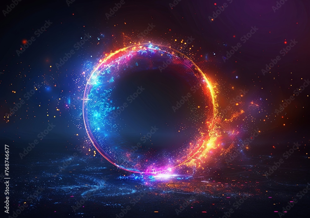 Poster abstract background with glowing neon light rings on a black background illustration. glowing circul