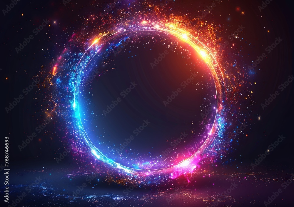 Poster abstract background with glowing neon light rings on a black background illustration. glowing circul
