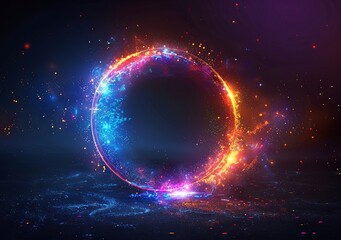 Abstract background with glowing neon light rings on a black background illustration. Glowing circular frame design element for text, logo or title presentation. Generative AI