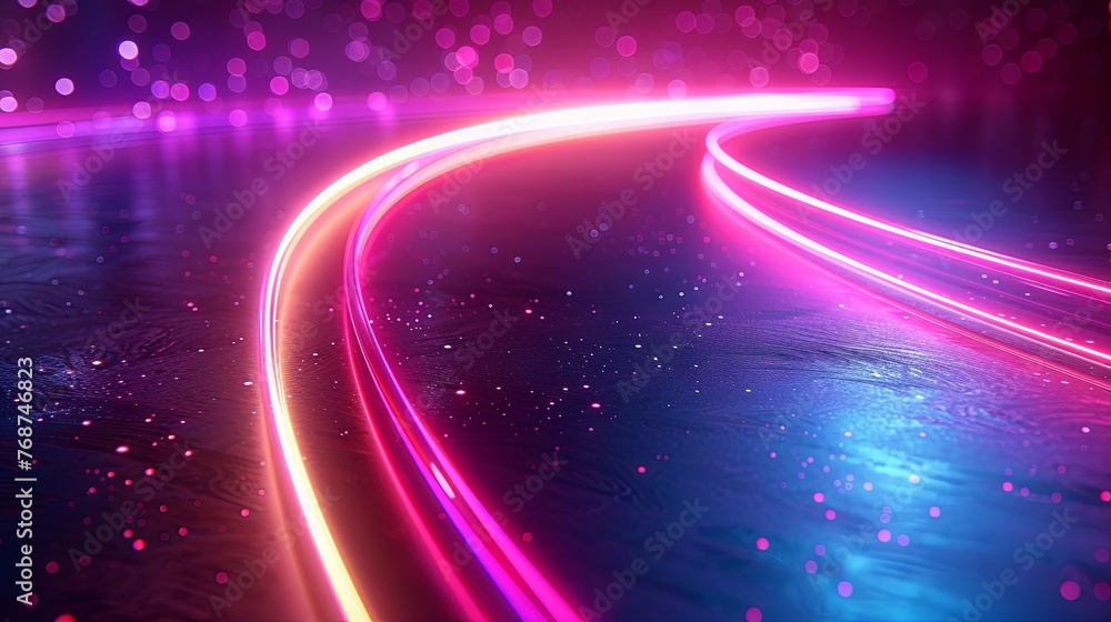 Poster abstract background with neon light rings in purple and blue colors on a black background, glowing c