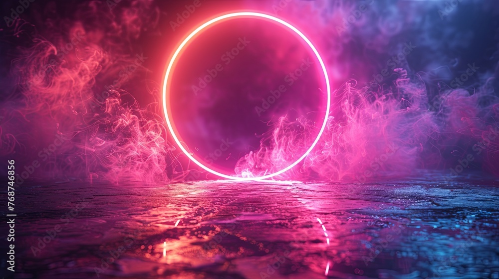 Poster abstract background with neon light rings in purple and blue colors on a black background, glowing c