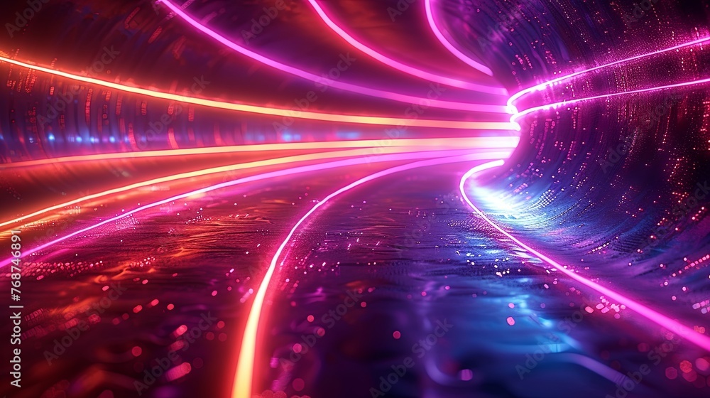 Poster abstract background with neon light rings in purple and blue colors on a black background, glowing c