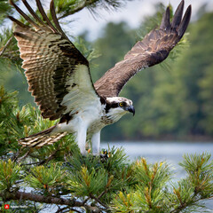 An osprey poised in a pine tree, eyes focused on the water below
