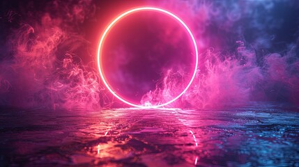 Abstract background with neon light rings in purple and blue colors on a black background, glowing circular lines in a futuristic digital design element for a banner or poster. Generative AI